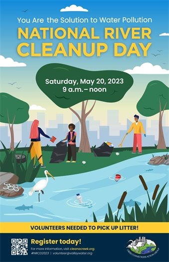 National River Cleanup Day Flyer - May 20, 2023 showing people picking up trash along a river
