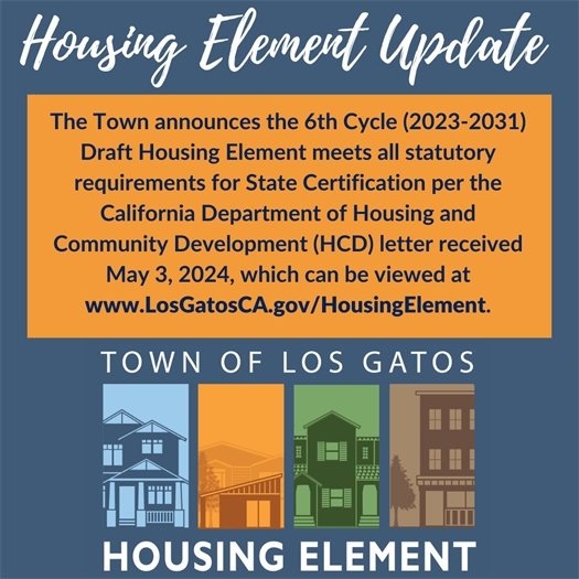 The Town announces the 6th Cycle (2023-2031) Draft Housing Element meets all statutory requirements for State Certification per the California Department of Housing and Community Development (HCD) letter received May 3, 2024, which can be viewed at www.LosGatosCA.gov/HousingElement.