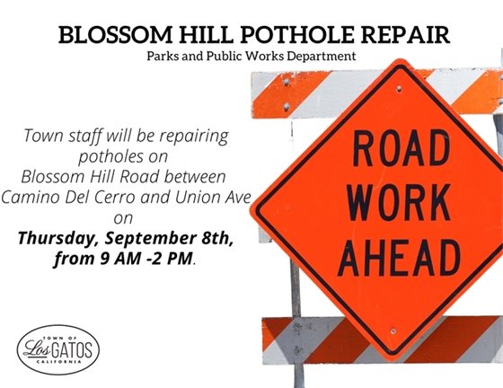 The Town of Los Gatos will be repairing potholes on Blossom Hill Road between Camino Del Cerro and Union Avenue on Thursday, September 8, 2022 from 9:00 a.m. to 2:00 p.m. One way traffic will be in place with flaggers at each end of the work zone.  If you have any questions, please contact the Parks and Public Works Department at (408) 399-5770 or ppw@losgatosca.gov.