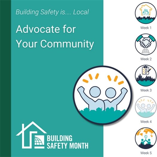 Building Safety Month logo and graphic of two people with their arms in the air with the text "Advocate for your Community!"