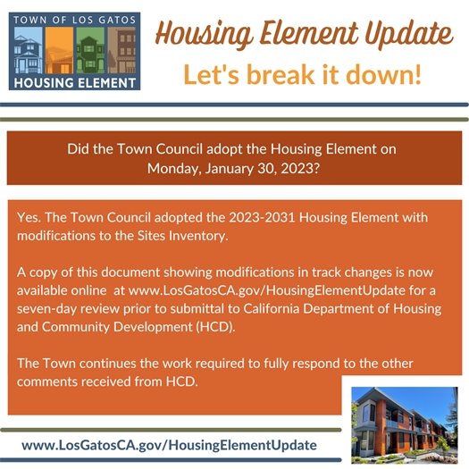 The Town Council adopted the 2023-2031 Housing Element with modifications to the Sites Inventory. 
