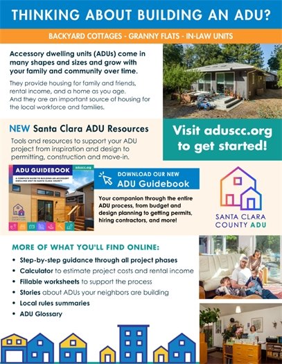 A suite of resources to help homeowners navigate the process of developing an Accessory Dwelling Unit (ADU) on their property is now available!   This new website, www.aduscc.org, was developed by the Santa Clara County Planning Collaborative, a joint initiative of all 16 jurisdictions in the County, including Los Gatos.