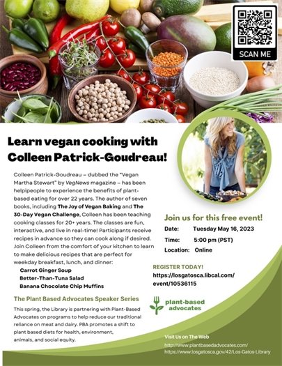 Colleen Patrick-Goudreau and a variety of vegan food ingredients including tomatoes, peppers, limes, beans, chickpeas, mushrooms, and spinach