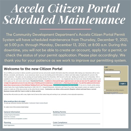 Accela Citizen Portal Permit System Schedule Maintenance: December 9 - 13