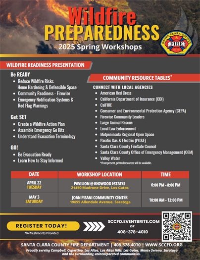 Santa Clara County Fire Department Spring 2025 Wildfire Preparedness Workshops Flyer 